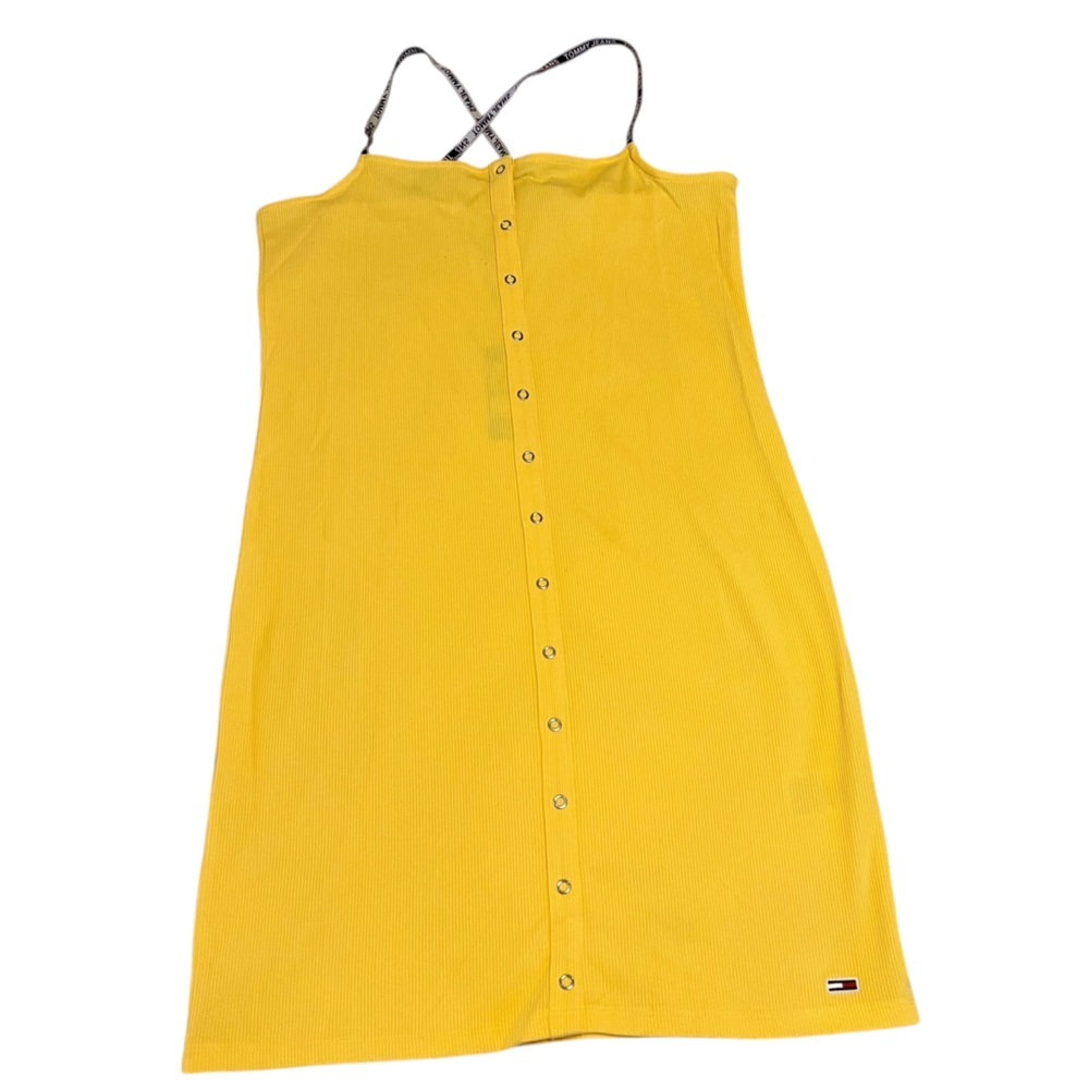 Tommy Jeans Yellow Ribbed Button Front Dress Logo Straps Large NWT